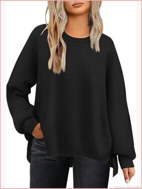 Plus Size Oversized Pullover Sweater Crewneck Knit Side Split Casual Tops